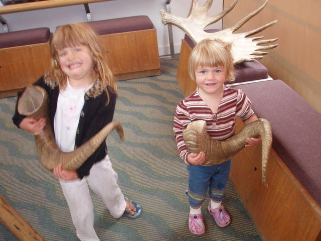 Danielle and Cassidy Playing with Horns at the Toklat River Visitor Center