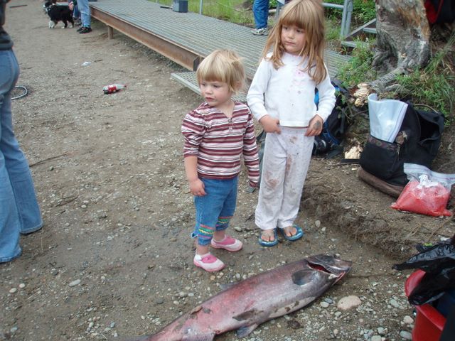 Danielle and Cassidy Were Fascinated with the Salmon Fishing at Willow Creek