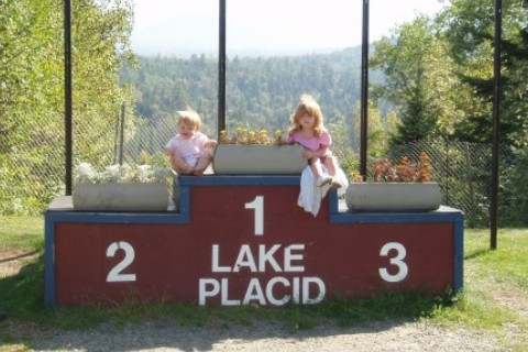 Danielle and Cassidy and Lake Placid near the ski jumps